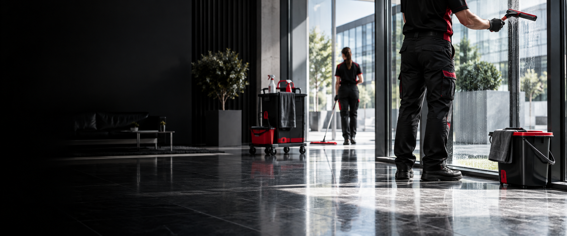 Professionelle Reinigung von Glasflächen in einem modernen Gebäude
